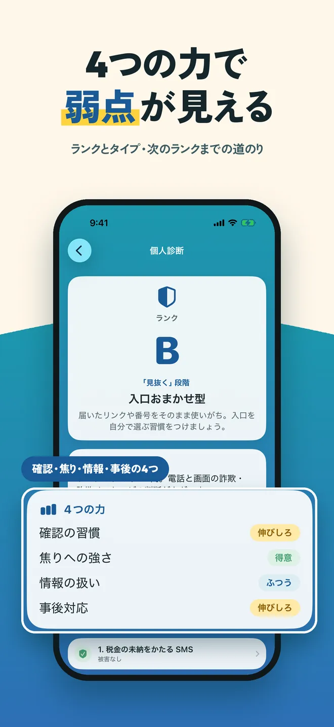 個人診断の結果。ランクとタイプ、4つの力